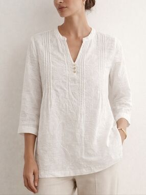 Marina Luna 100% Linen Tunic Top Large Embroidered Boho Coastal Minimalist